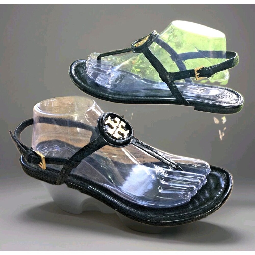 Tory Burch Dillan Black Patent Leather Flat Sandal Womens Size 10.5